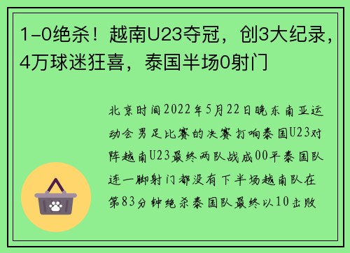 1-0绝杀！越南U23夺冠，创3大纪录，4万球迷狂喜，泰国半场0射门